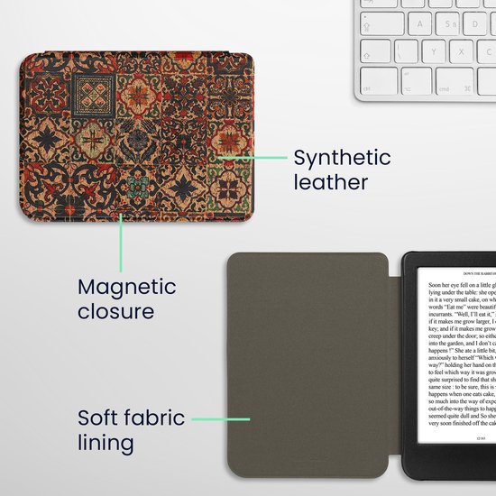 kwmobile e-reader hoesje geschikt voor Kobo Clara BW / Colour hoes - E reader flip case met magnetische sluiting - Ereader cover - Tegelmotief design in bruin / blauw / rood — afbeelding 2