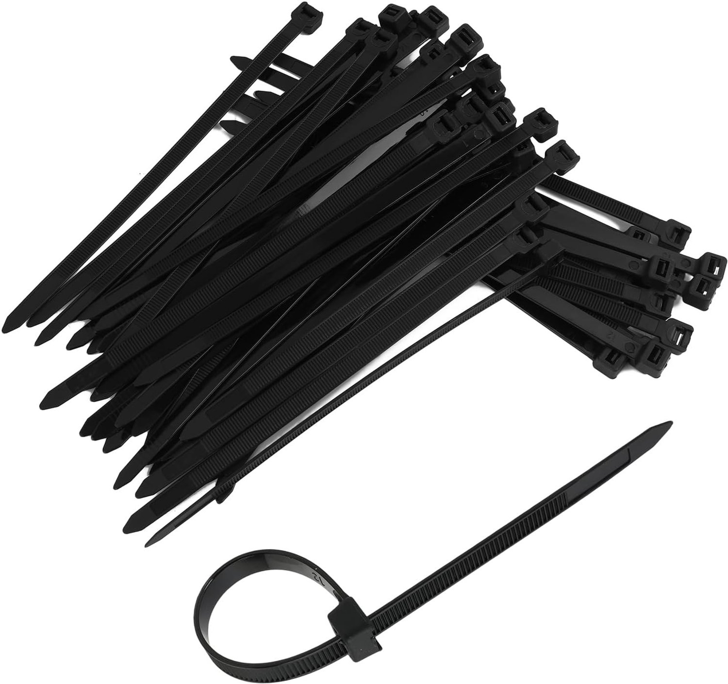 Set van 100 Zwarte Plastic Kabelbinders, 200 mm x 8 mm, Stevig voor Kabelbeheer, Tuinieren en Binnen- en Buitentoepassingen, Duurzame Kabelbinders van Hoge Kwaliteit