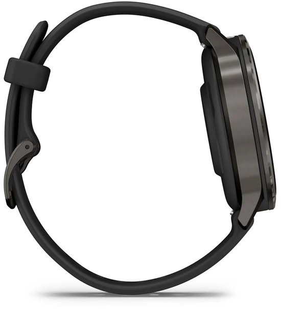 Zijaanzicht van een zwarte smartwatch, toont de donkergrijze metalen kast en de knop aan de zijkant.