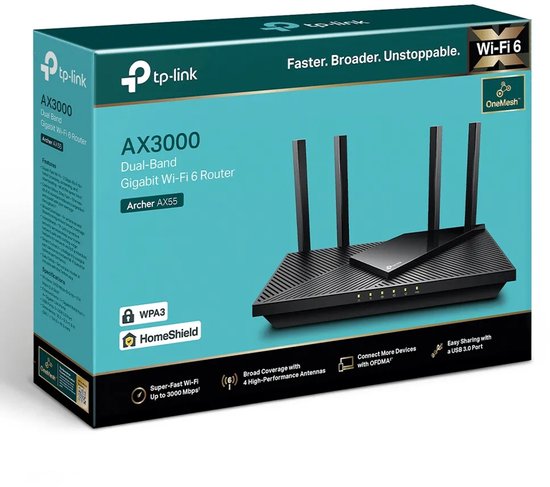 Verpakking van TP-Link Archer AX55 Dual-Band Gigabit Wi-Fi 6 router met productafbeelding.