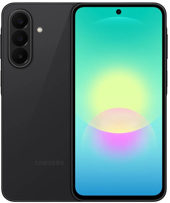Set van twee zwarte smartphones, één met de achterkant en één met het kleurrijke scherm zichtbaar.