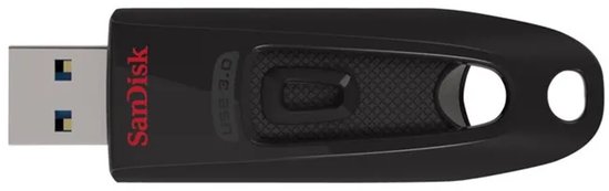 Zwarte SanDisk USB 3.0-stick met uitgeschoven connector en rood logo.