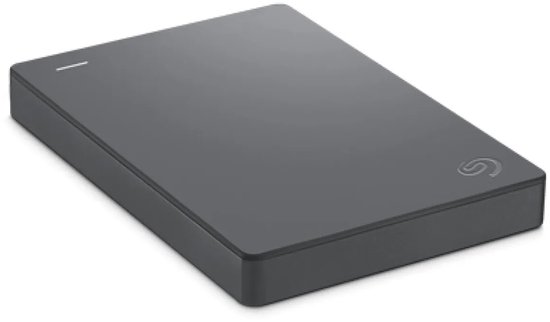 Grijze Seagate externe harde schijf liggend op een witte ondergrond met Seagate-logo.