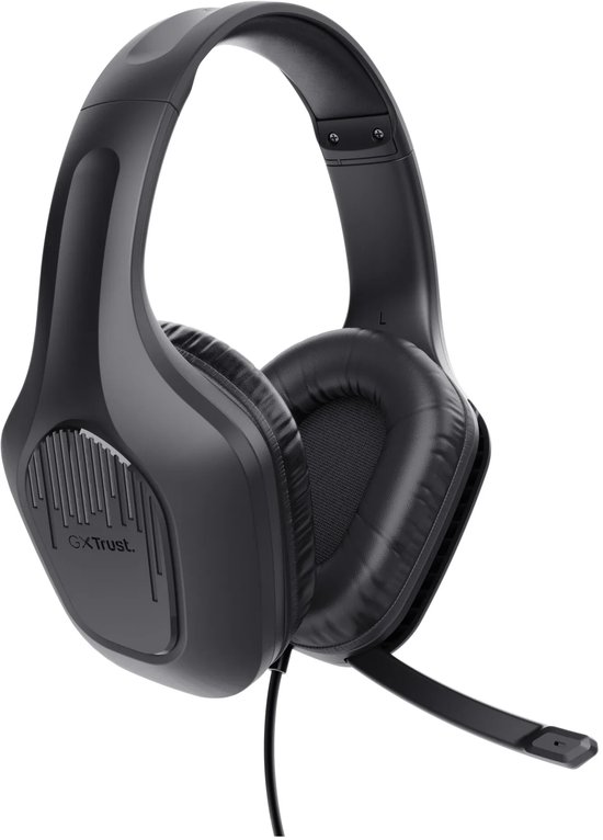 Zwarte Trust GXT 415 Zirox gamingheadset in driekwart aanzicht met opvouwbare microfoon.