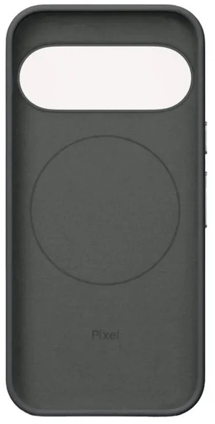 Zwarte Google Pixel back cover met ronde magnetische uitsparing en Pixel-logo onderaan.
