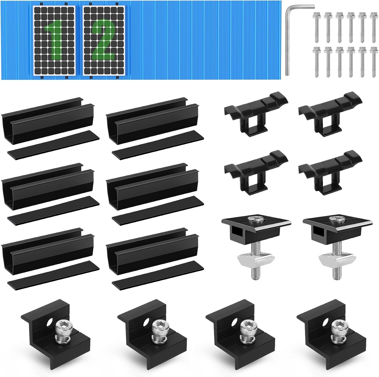 Montageset voor Zonnepanelen, Bevestiging voor 2 Modules, 12cm Zwarte Rail, Waterafvoer, Clips 30 mm, Verstelbare Klem voor Dikke Modules op Plat Dak en Trapeziumvormige Daken