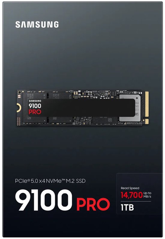 Voorzijde van de Samsung 9100 PRO SSD verpakking met leessnelheid.