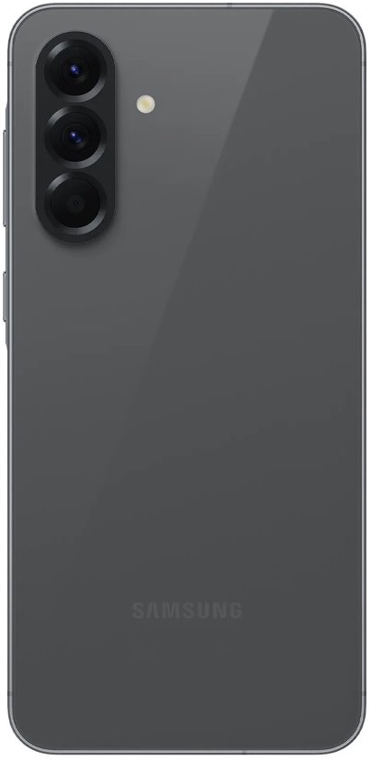 Rechte achterkant van een grijze smartphone met drie cameralenzen en Samsung-branding.