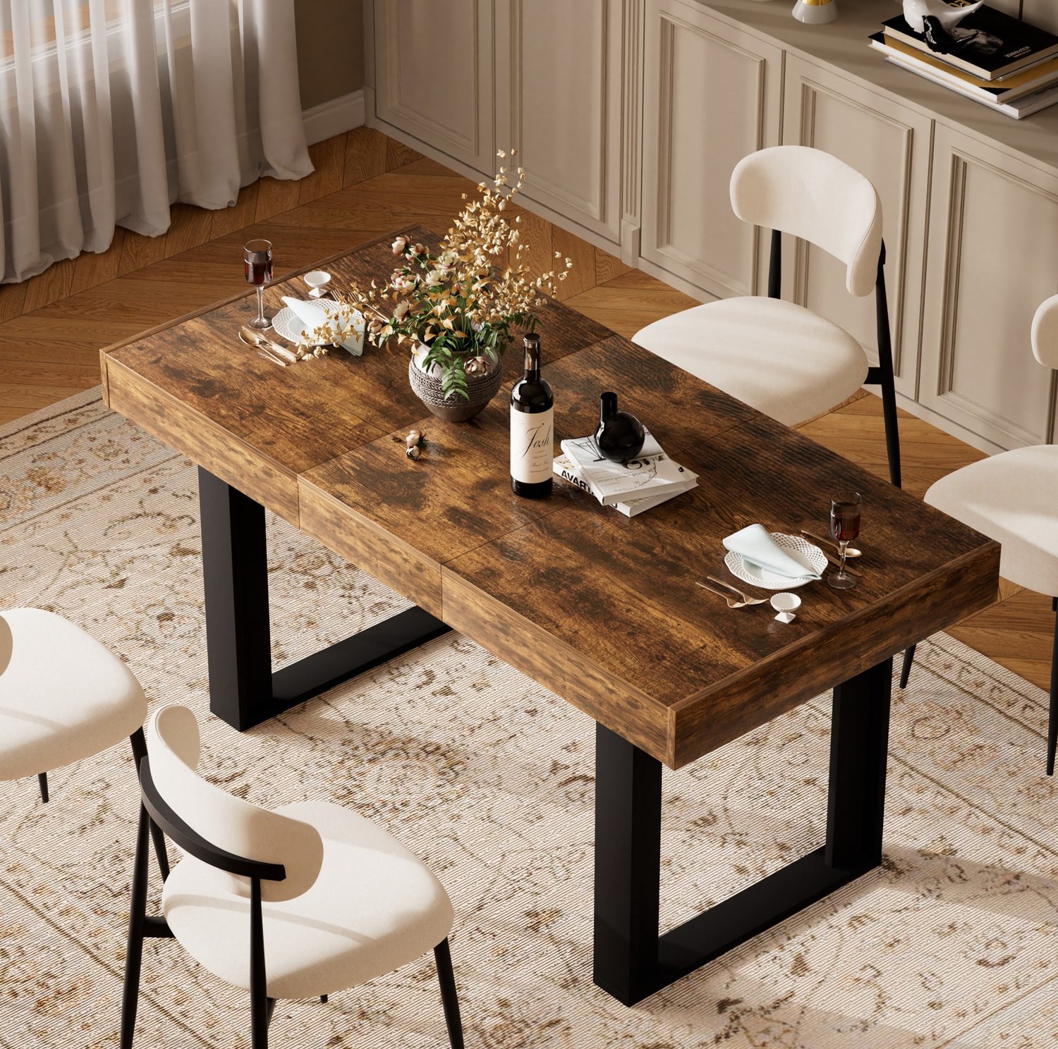CHICFURN Eettafel 120-160 cm - 8 personen - uitschuifbaar - frame - keuken en eetkamer - spaanplaat en metaal - zwart en rustiek bruin
