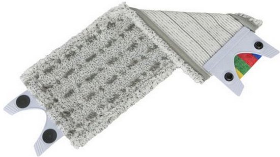 Vileda Ultraspeed Mini microvezel dweil met grijze textuur, witte bevestigingsstrips en gekleurde label-indicators.