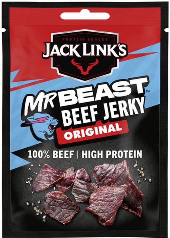 Rood-blauw pakje Jack Link's MrBeast Original Beef Jerky met stukjes rundvlees en tekst 100% Beef | High Protein.