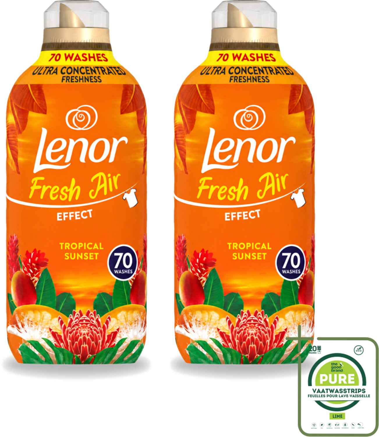 2 x Lenor – Wasverzachter – Tropical Sunset – 70 Wasbeurten – 980 ml - Grootverpakking - Vaatwasstrips - Wasverzachter - Frisse Geur - Zomerse Geur - Tropische Geur - SolarDry