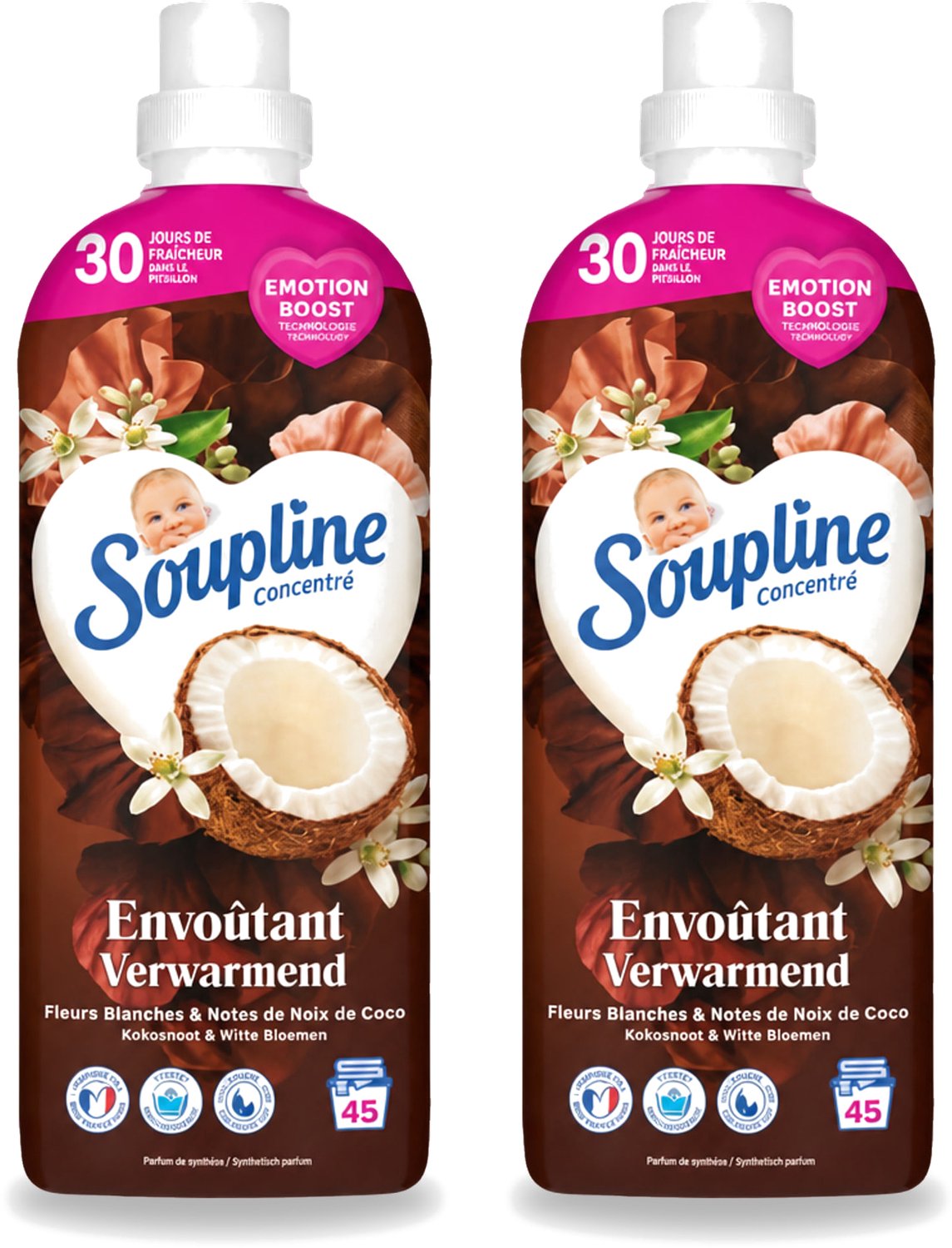 2 x Soupline – Wasverzachter – Verwarmende Kokosnoot & Witte Bloemen – 950 ml - Voordeelverpakking - 2 stuks