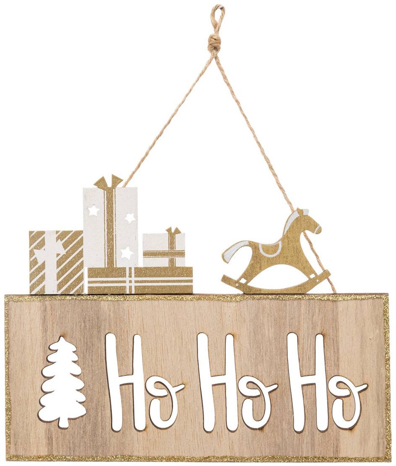 Feeric lights & Christmas Hangende dennenboomversiering met houten bordje 'Ho Ho Ho', 15 cm Beige