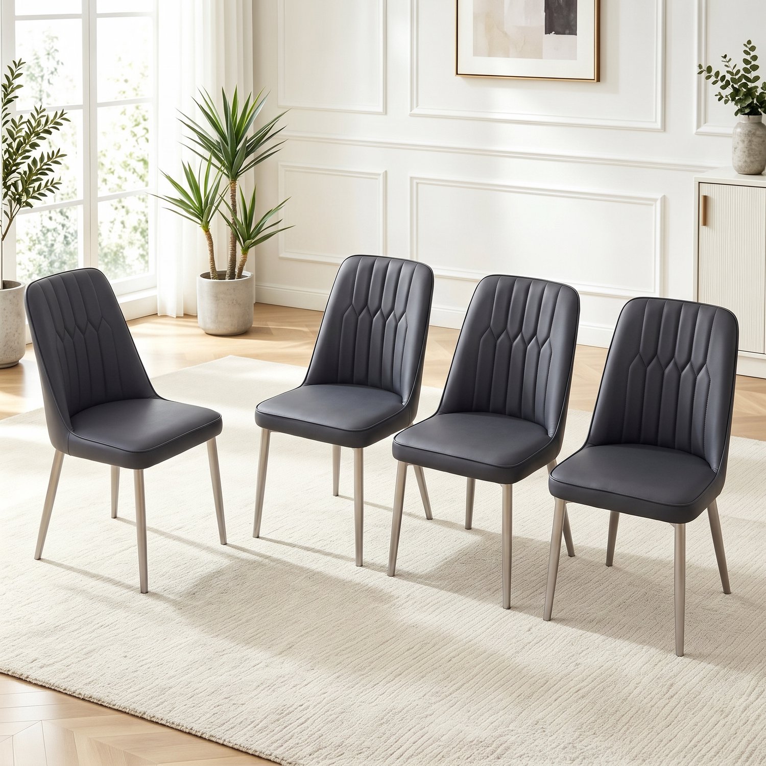 Clruro Eetkamerstoelen - Hoogte 89 cm - Set van 4 - Zilveren Poten - Kunstleer/Metaal - Zwart Zwart+Zilver