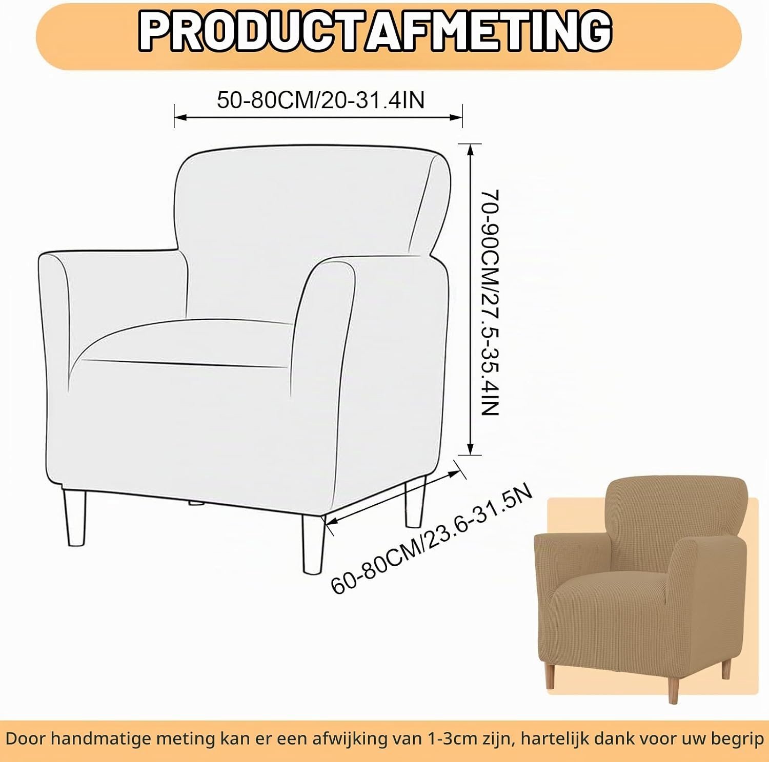 Verstelbare Stoelhoes met Armleuningen, Elastische Jacquard Hoes voor Relaxstoelen, Afneembaar en Wasbaar, Universele Hoes voor Fauteuils en Beklede Stoelen, Bescherming voor 1-Zits Bank (Khaki)