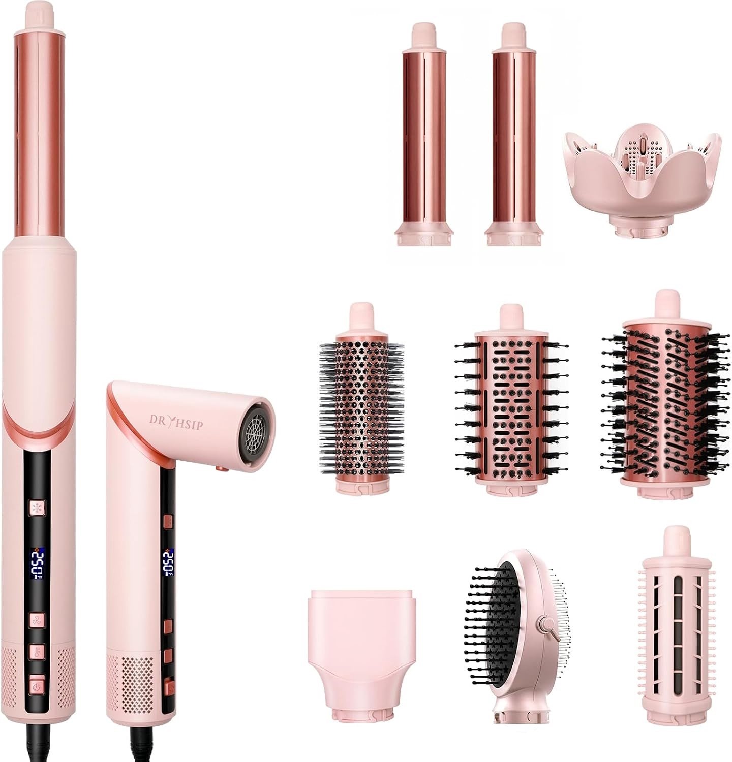 Haardrogerborstel - Roze - 9-in-1 Stylingtool - Met Automatische Krultang en Verschillende Opzetstukken - Voor Thuis en Op Reis