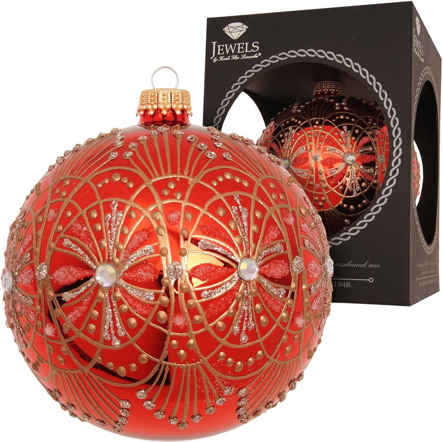 Art Nouveau Kerstbal Rood 10cm - Mondgeblazen & Handgedecoreerd