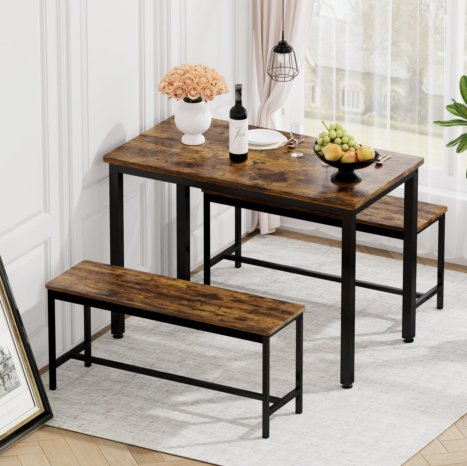 CHICFURN Eettafelset - 4 personen - ruimtebesparend - 2 banken - bruin zwart