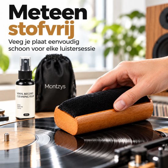 Montzys® Platenborstel Set - Vinyl Borstel met Reinigingsvloeistof & Naaldborstel - LP Platenreiniger voor Platenspeler - Inclusief Opbergzakje — afbeelding 2