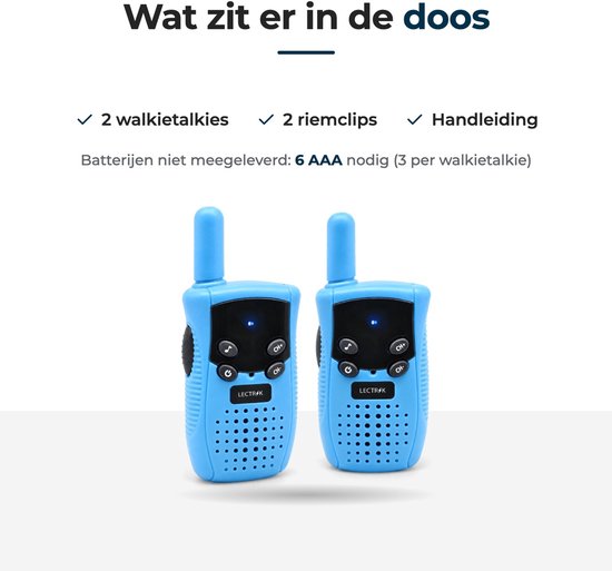 Twee blauwe LECTRIK walkietalkies en de inhoud van de doos: twee apparaten, riemclips en handleiding.