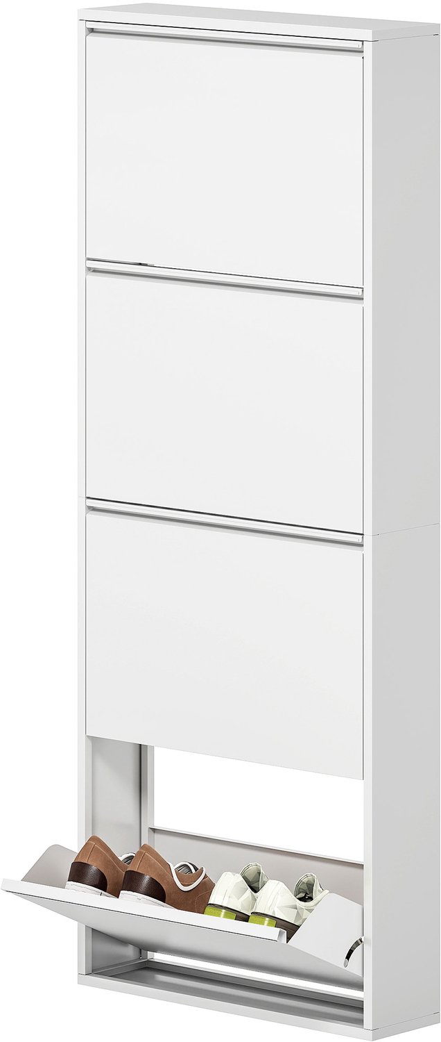 Homona Smalle schoenenkast - Met 4 kantelvakken - Voor 8 paar schoenen - Van metaal - Met ventilatie en bovenplank - 55 x 15 x 139,5 cm - Wit