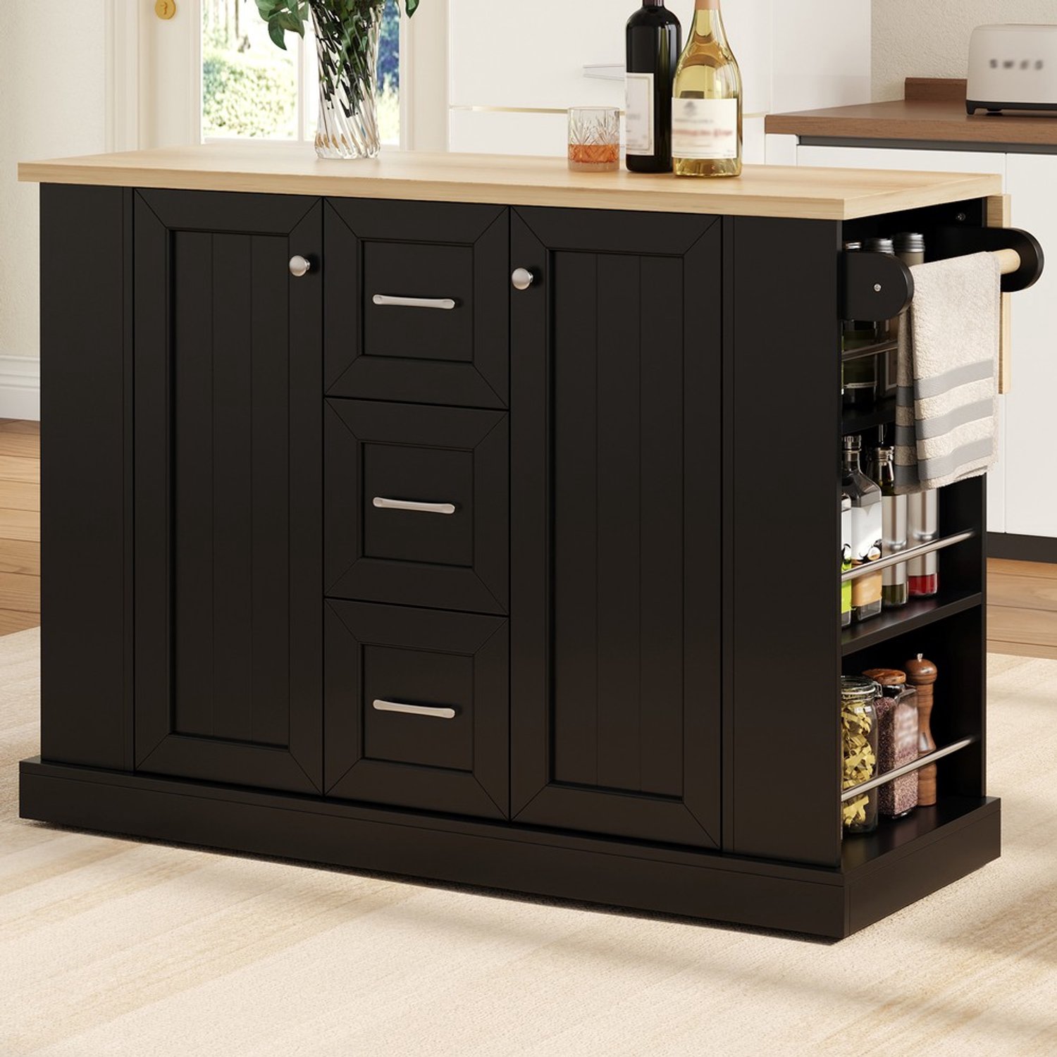 Pugsdrly Verrijdbaar kookeiland met opklapbaar werkblad, keukenwagen op wieltjes met 3-delige plank, 3 lades en vergrendelbare wieltjes, 120 × 45 (70) × 90 cm Zwart
