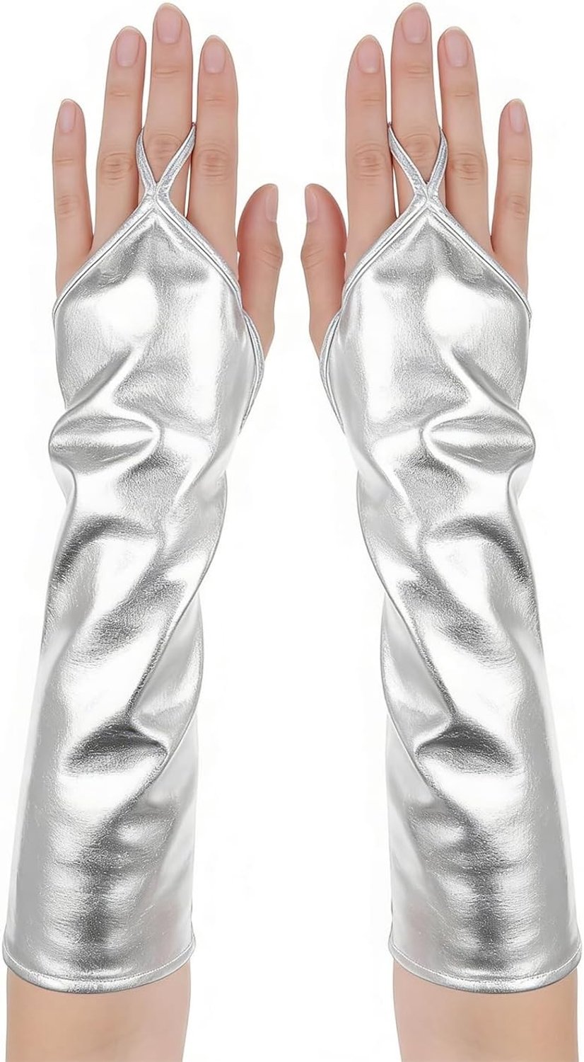 Shiny Zilveren Metallic Vingerloze Handschoenen voor Dames - Patenten Leren Kostuumaccessoire voor Alien Cosplay en Halloween Feest