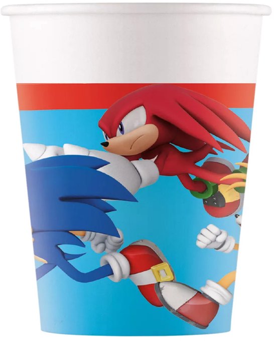 Witte papieren beker met een blauwe achtergrond en afbeeldingen van Sonic, Knuckles en Tails.