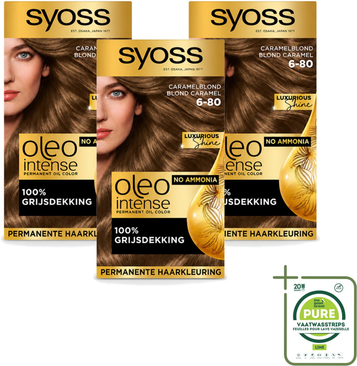 3 x SYOSS - Oleo Intense 6-80 - Haarverf - Permanente Haarkleuring - Caramelblond - Langdurige Kleur - Grootverpakking - Vaatwasstrips - Haarkleur - Caramelblond - Haarkleuring - Haarverzorging - Ammoniakvrij