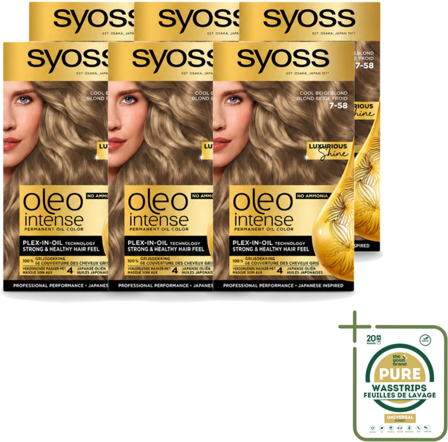 6 x SYOSS - Oleo Intense 7-58 Cool Beige Blond - Haarverf - Zonder Ammoniak - Grijsdekking - Langdurige Kleur - Wasstrips - Haarverf Zonder Ammoniak - Grijsdekking - Olieformule - Langdurige Kleur - Haarkleur