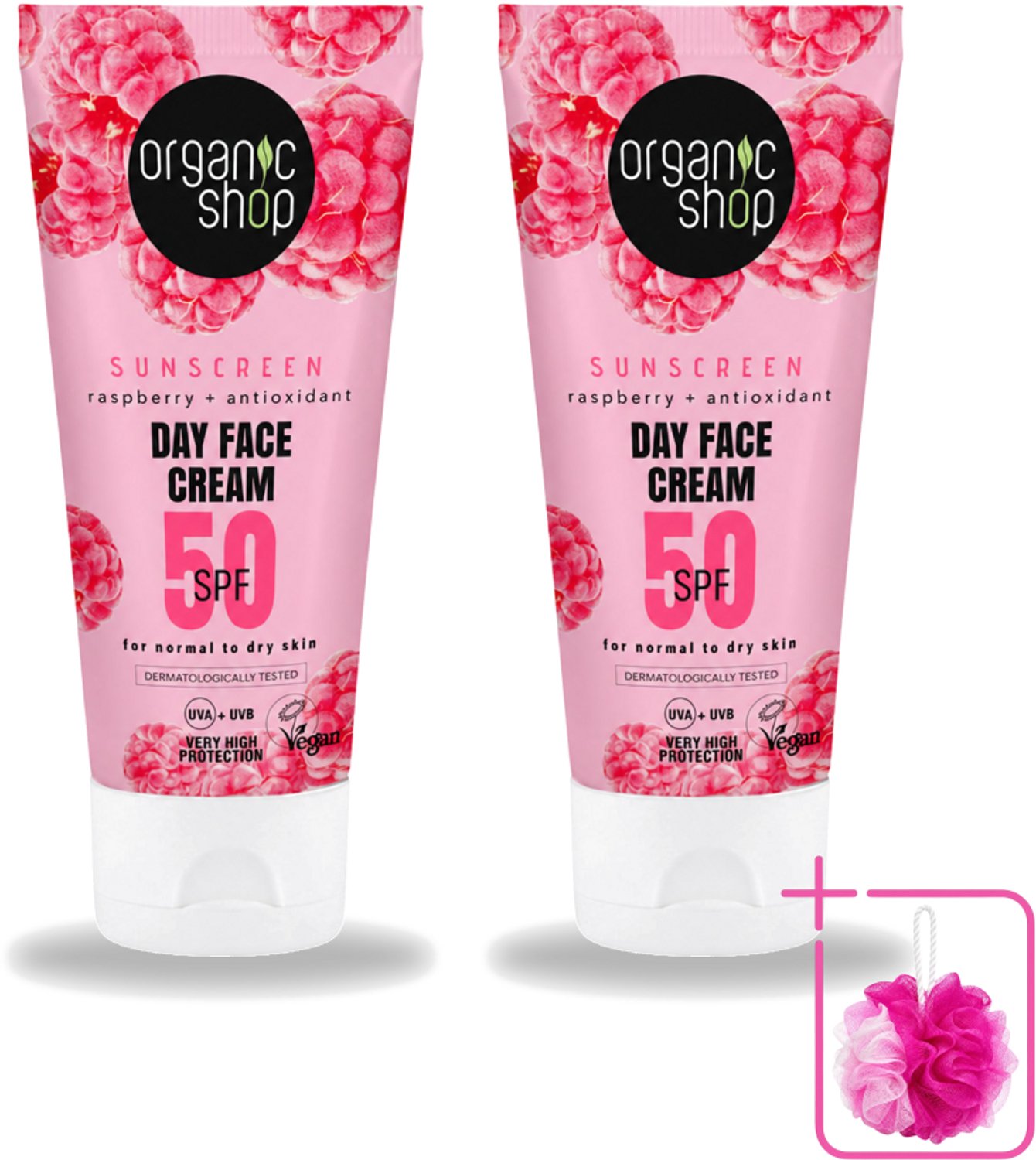 2 x Organic Shop - Zonnebrandcrème Gezicht SPF 50 - Normale Huid - 50 ml - Bulkverpakking - Zonbescherming gezicht - Douchemop - SPF 50