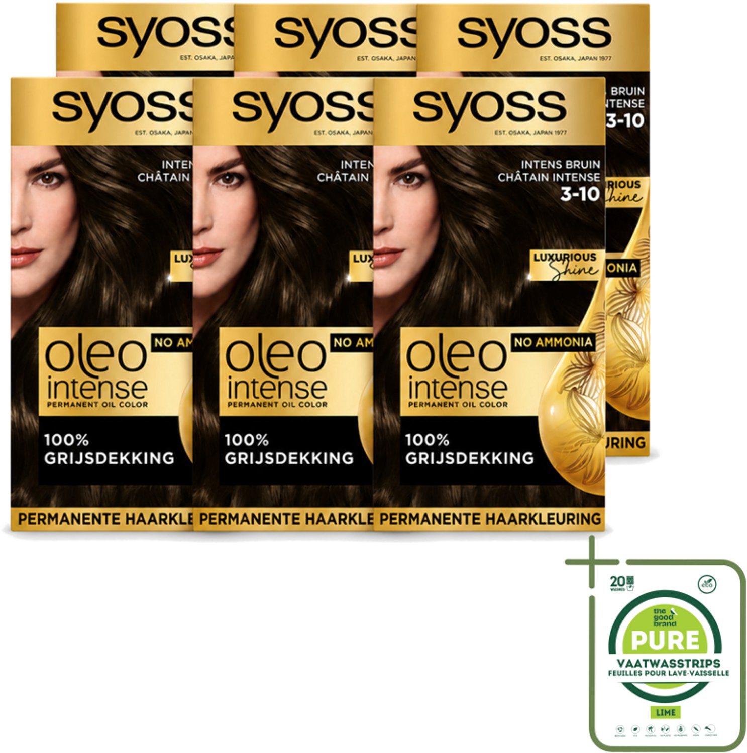 6 x SYOSS - Oleo Intense 3-10 - Haarverf - Permanente Haarkleuring - Intense Bruin - Langdurige Kleur - Grootverpakking - Vaatwasstrips - Haarkleur - Olie-geactiveerde Kleur - Ammoniakvrije Haarkleuring - Grijsdekking - Intense Bruin