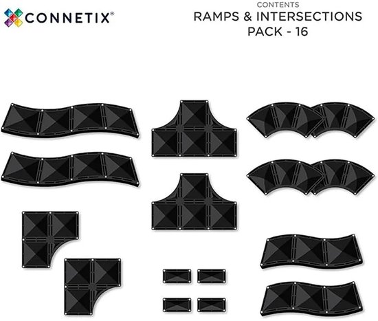 Connetix pakket van 16 zwarte magnetische hellingen en kruispunten, weergegeven op een witte achtergrond.