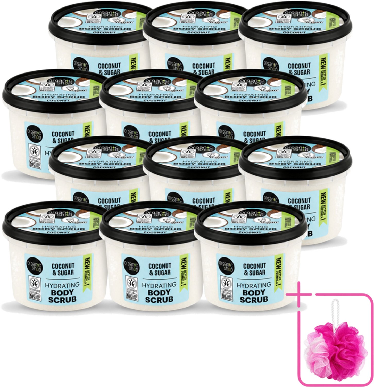 12 x Organic Shop - Hydrating Body Scrub Coconut - Diep Voedend - 250 ml - Bulkverpakking - Hydratatie - Douchemop - Exfoliatie