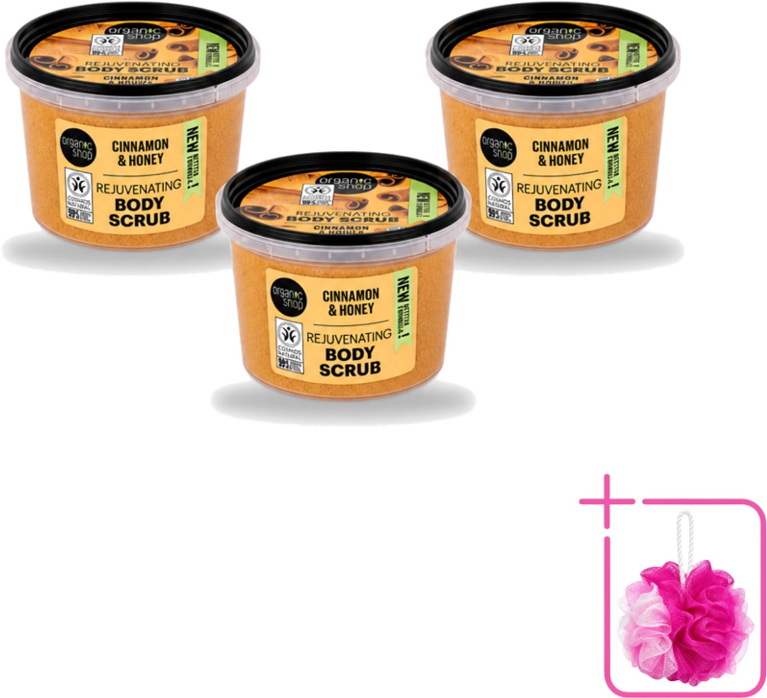 3 x Organic Shop - Rejuvenating Body Scrub Cinnamon - Exfoliërend en Hydraterend - 250 ml - Bulkverpakking - Exfoliatie - Douchemop - Huidvernieuwing