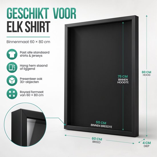 Avalo Wissellijst Hout - Inlijsten Voetbal Shirt - 3D Box Frame - 60x80 CM - Zwart - Diepe fotolijst - Shirt Inlijsten In Fotolijstje — cadeau in Wonen & Interieur - foto 8