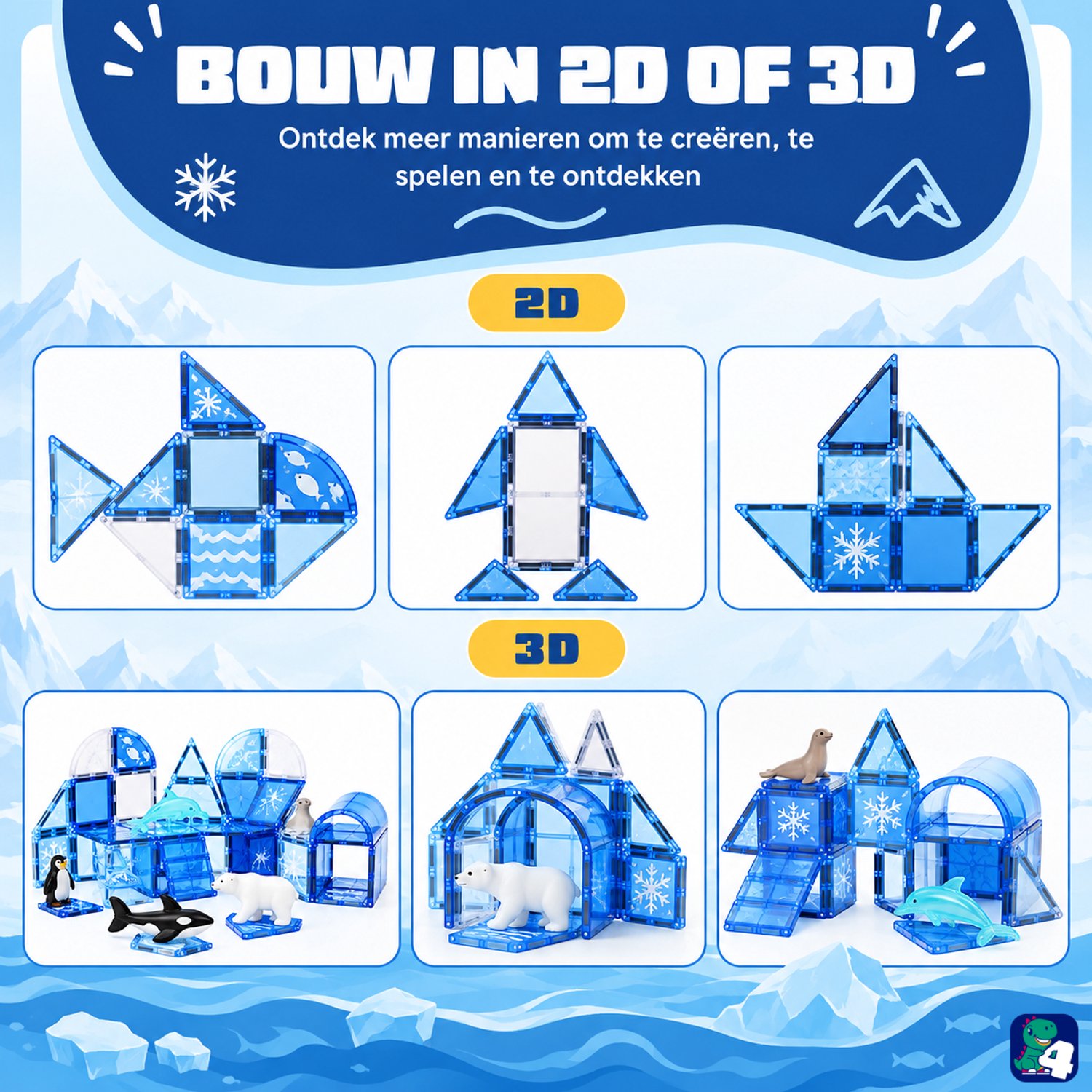 Fits4Kids® Magnetic Tiles 56 Stuks - Magnetische Bouwtegels - STEM Speelgoed voor Creatief Bouwen - Magnetisch Speelgoed - Magna Bouwstenen - Frozen Constructions - 3 4 5 6 7 8 9 Jaar — afbeelding 4