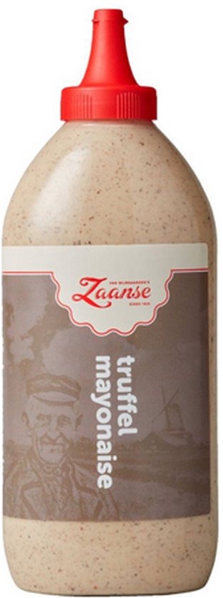Knijpfles Zaanse truffelmayonaise met een rood tuitje, bruin etiket met molen en portret.