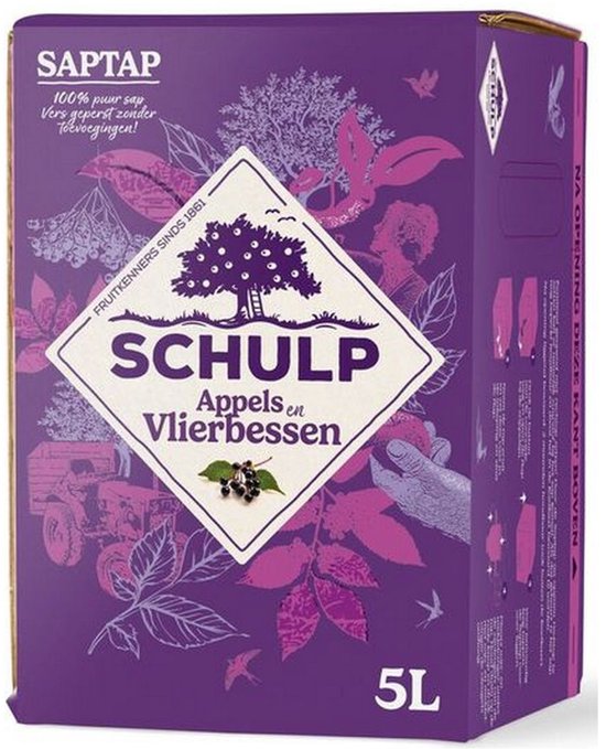 Paarse 5L Schulp saptap met illustraties van appels en vlierbessen, puur sap zonder toevoegingen.