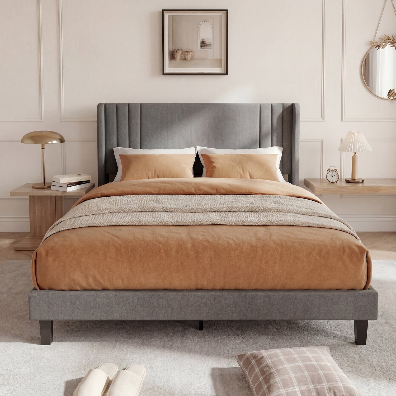 Yelenaro Tweepersoonsbed 140x200 cm, Gestoffeerd bed met Lattenbodem, Bedframe met Hoofdbord, Grijs Linnen, Zonder matras