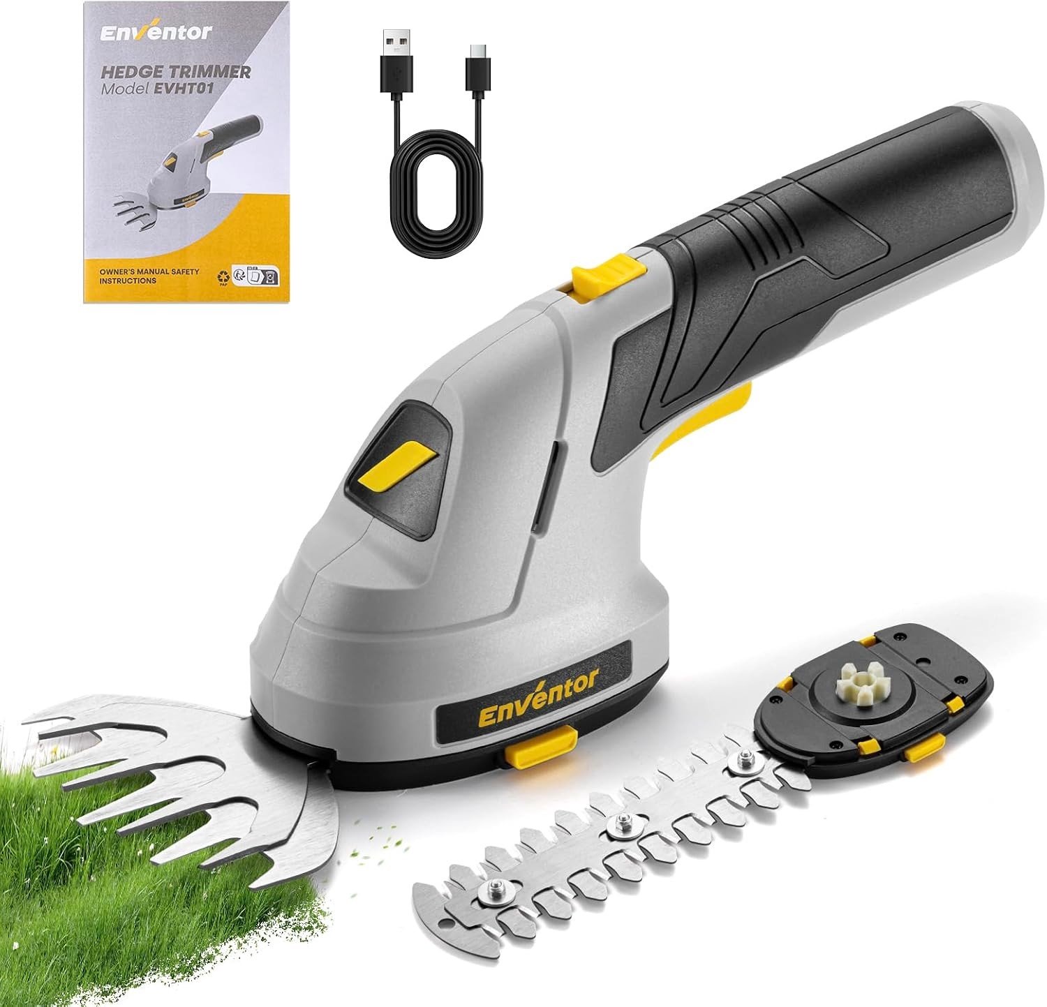 Draadloze 2-in-1 Heggenknipper en Grasmaaier, 7.4V 2000mAh Oplaadbaar via USB-C, Inclusief 2 Messen voor Heggen, Struiken en Grasranden