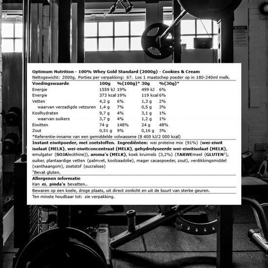 Voedingslabel van Optimum Nutrition 100% Whey Gold Standard Cookies & Cream eiwitpoeder met ingrediënten.