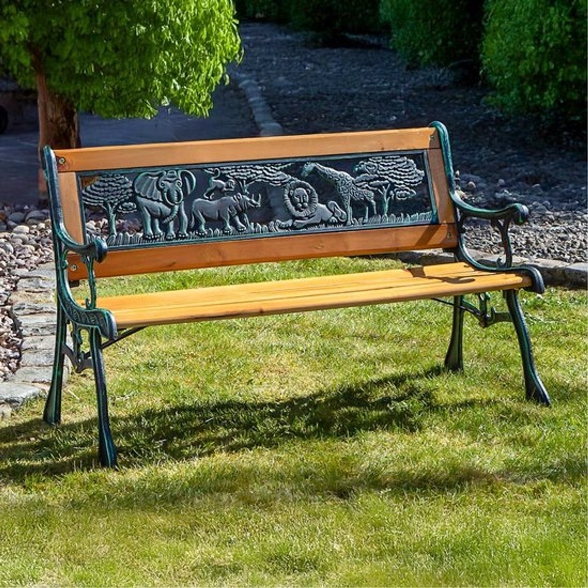 Houten kindertuinbank met safari dierenmotief - tuinzitje voor buiten