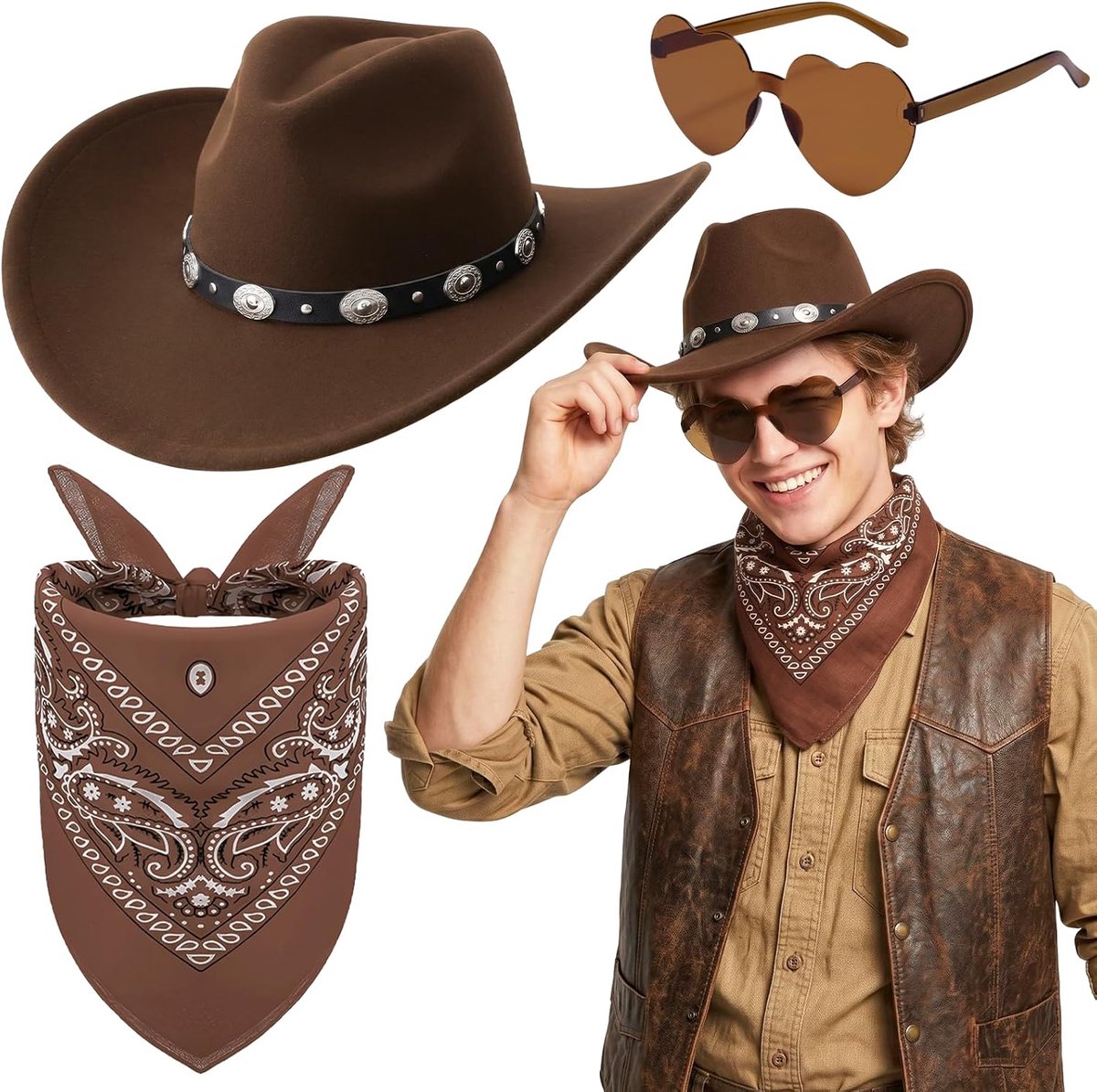 3 stuks cowboyhoed, accessoireset, western cowboy outfits, accessoirekit met bruine cowboyhoed, hartvormige zonnebril, paisley bandana's voor dames en heren, Halloween, maskerade, feestjes