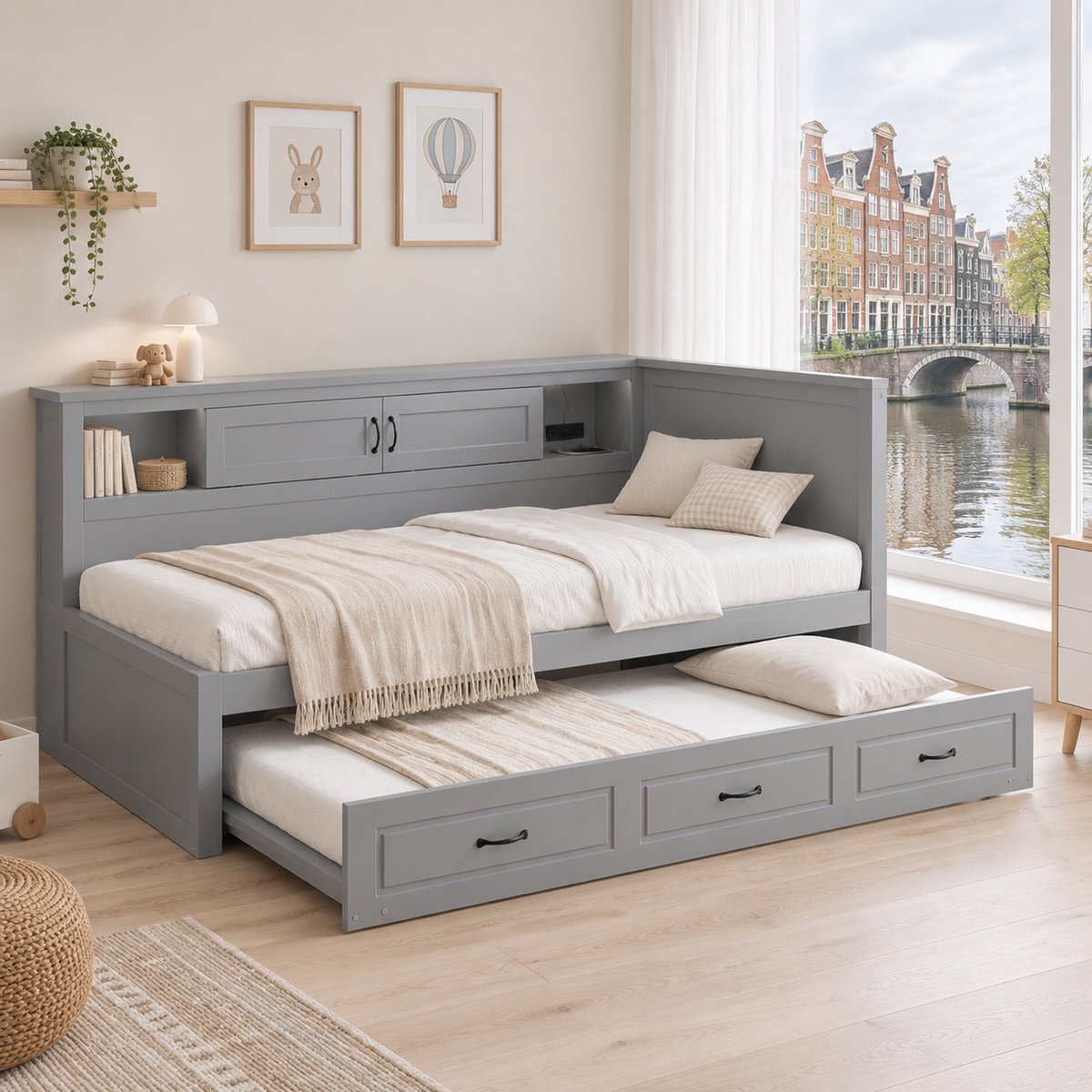WUVRIE Bedbank 90x200 cm met uitschuifbed, opbergruimte, LED-verlichting, USB en stopcontact, zonder matras, grijs