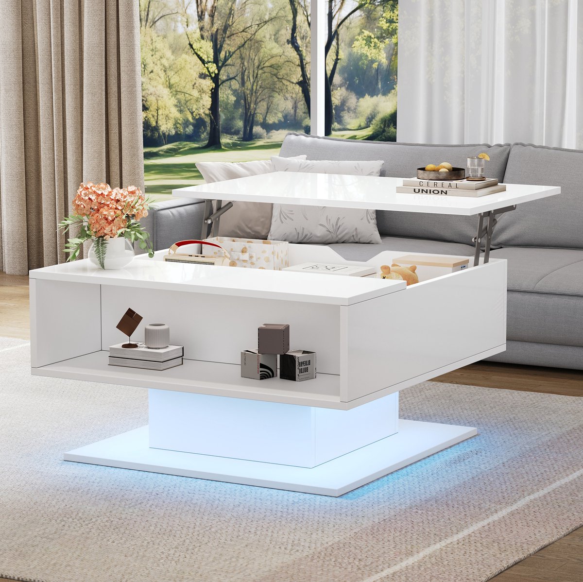 MEUNIQ Salontafel 80 x 75 x 40 cm met verstelbaar blad tot 54 cm, verborgen en halfopen opbergruimte, appgestuurde ledverlichting, hoogglans wit