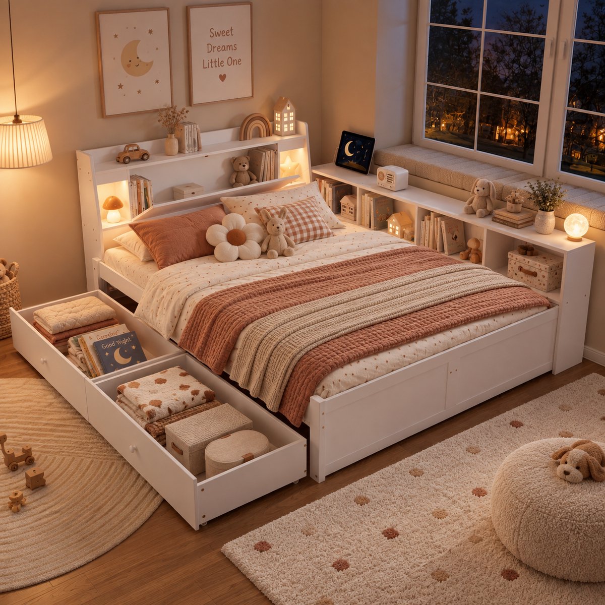 Welltin Tweepersoonsbed 140x200 cm - Slaapbank - Kinderbed - Multifunctioneel bed - Grenenhout - Met hoofdbord - Met 2 lampen - Met oplaadaansluiting - Met opbergruimte - Met lades - Wit