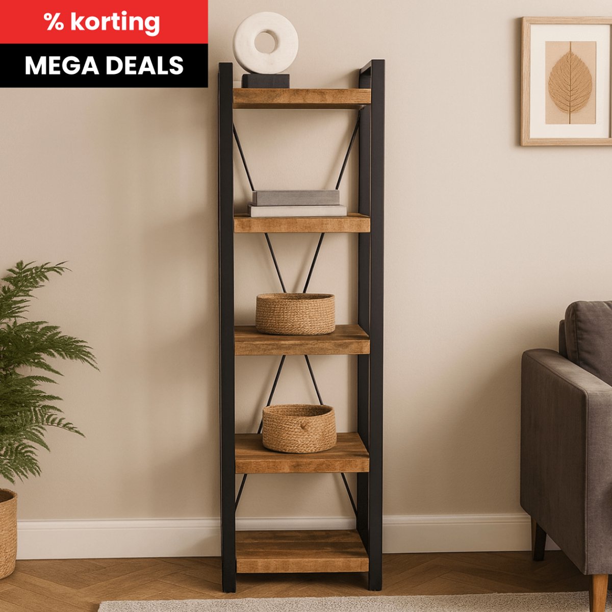 Mangohouten Boekenkast Britt 55 cm Mahom Industrieel - Vitrinekast van Mangohout & Metaal - Industriële Buffetkast