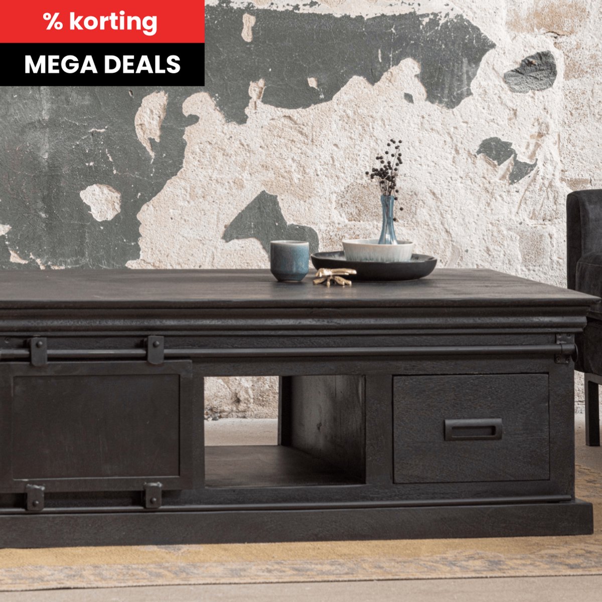 Mangohouten Salontafel Portland Black 120 cm 4 lades Mahom Industrieel - Kleine tafel van Mangohout & Metaal - Industriële Huiskamertafel